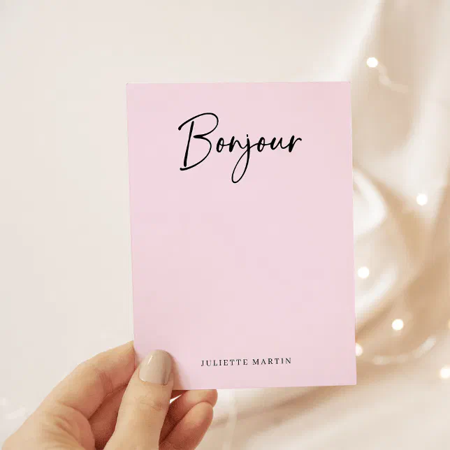 Bonjour Script Bonjour | Pink and Black Elegant French Script Note Card | Zazzle