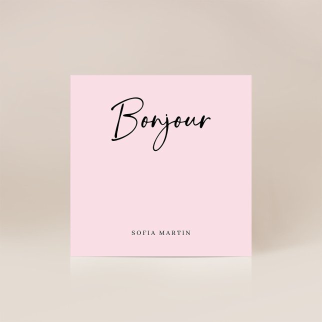 Bonjour | Pink and Black Elegant French Script Note Card (An elegant French style note card that says "Bonjour" in modern script)