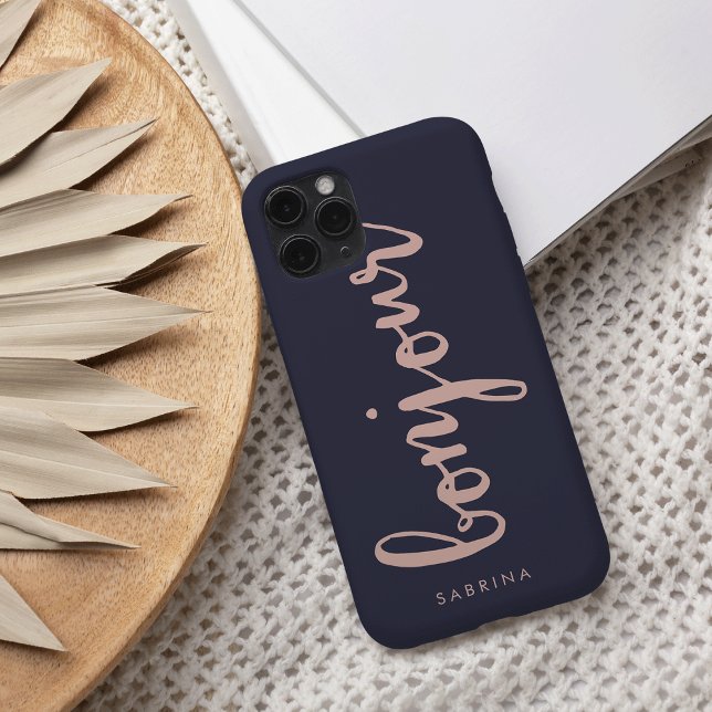 Bonjour Pink & Navy Chic Personalized Case-Mate iPhone Case (Creator Uploaded)