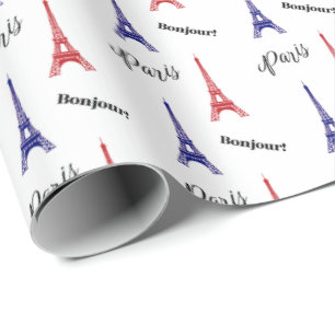 Bonjour Red Blue Paris Eiffel Tower Gift Wrap