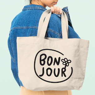 Bonjour Simple Modern Floral French Greeting Large Tote Bag