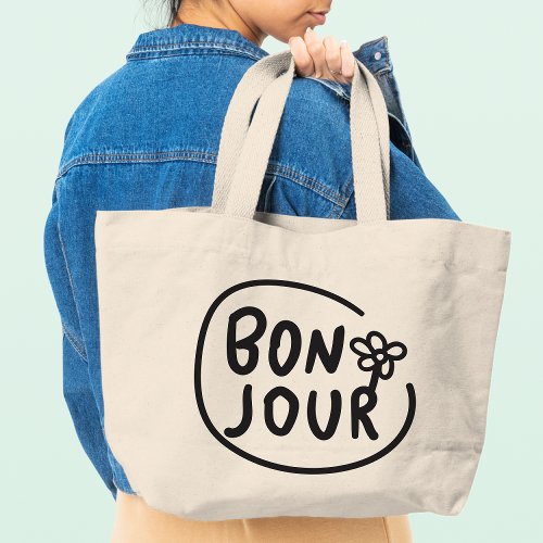 Bonjour Simple Modern Floral French Greeting  Large Tote Bag