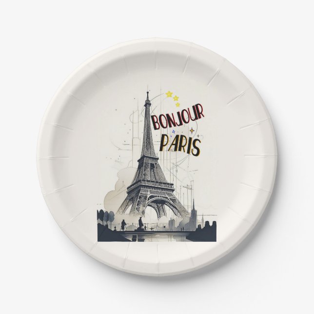 Bonjour Skyline Marathon Paris Paper Plates (Front)