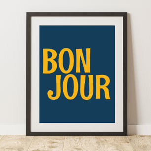 Bonjour Typography Yellow Navy Print
