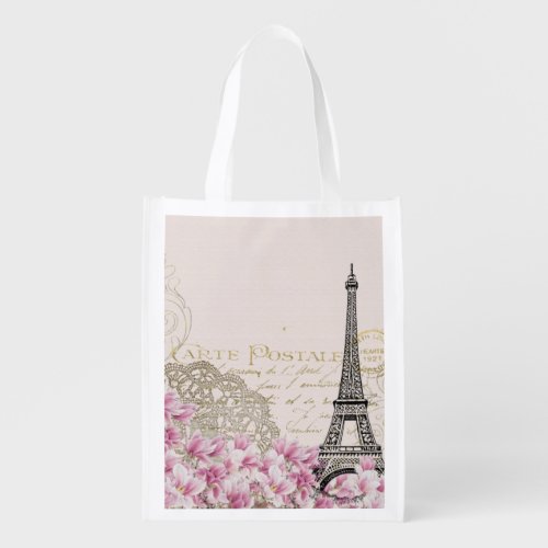 Bonjour Vintage Eiffel Tower Collage Grocery Bag
