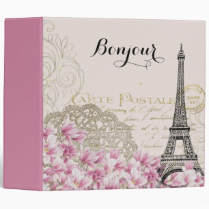 Bonjour Vintage Eiffel Tower Collage with Flowers 3 Ring Binder