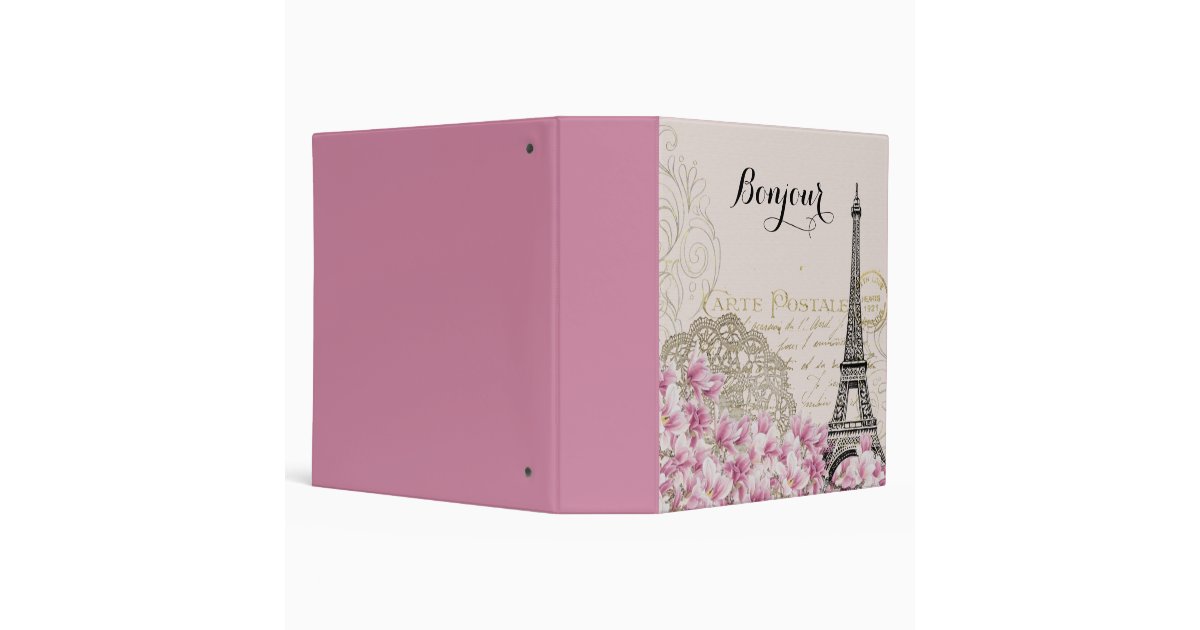 Bonjour Vintage Eiffel Tower Collage with Flowers 3 Ring Binder | Zazzle