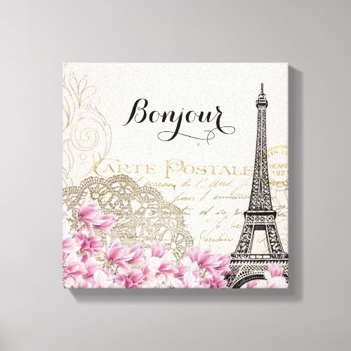 Bonjour Vintage Eiffel Tower Collage with Flowers Canvas Print