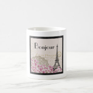Bonjour Vintage Eiffel Tower Collage with Flowers Coffee Mug