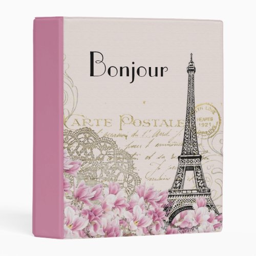 Bonjour Vintage Eiffel Tower Collage with Flowers Mini Binder