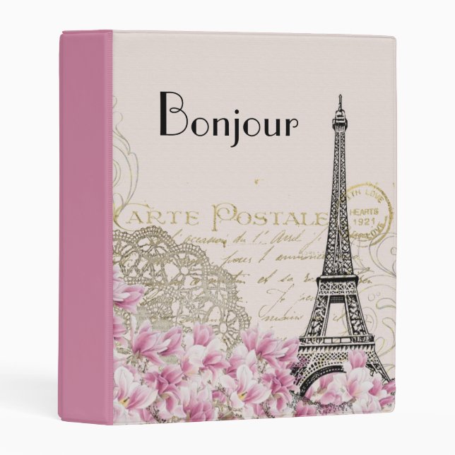 Bonjour Vintage Eiffel Tower Collage with Flowers Mini Binder (Front/Spine)