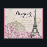Bonjour Vintage Eiffel Tower Collage with Flowers Postcard<br><div class="desc">A whimsical vintage collage which has an old french postcard background with an eiffel tower sketch and some pink and white wildflowers bordering the bottom. Customizable text says bonjour in a fancy hand written font.</div>