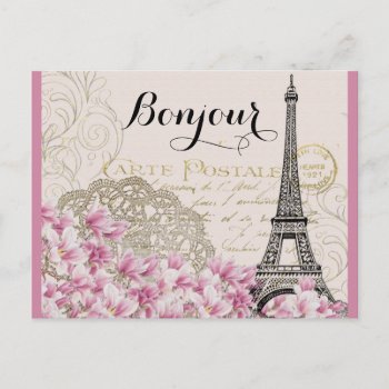 Bonjour Vintage Eiffel Tower Collage With Flowers Postcard by Mirribug at Zazzle