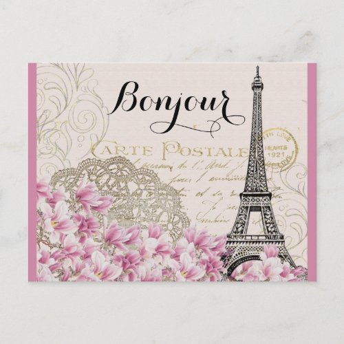 Bonjour Vintage Eiffel Tower Collage with Flowers Postcard
