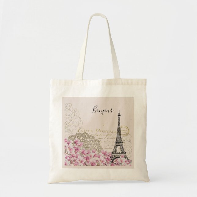Bonjour Vintage Eiffel Tower & Pink Flowers Tote Bag (Front)
