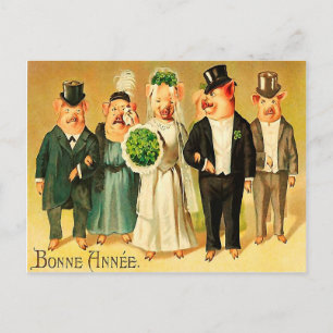 Bonne Année - Bride and Groom with family Postcard