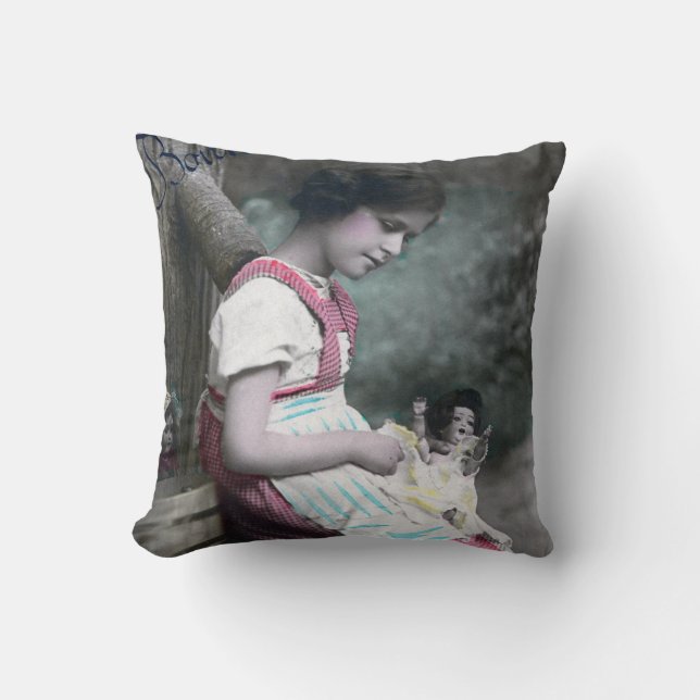 Bonne Année Vintage Girl with Dolll Throw Pillow (Front)