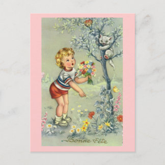 Bonne Fete, French card, Child with flowers Postcard