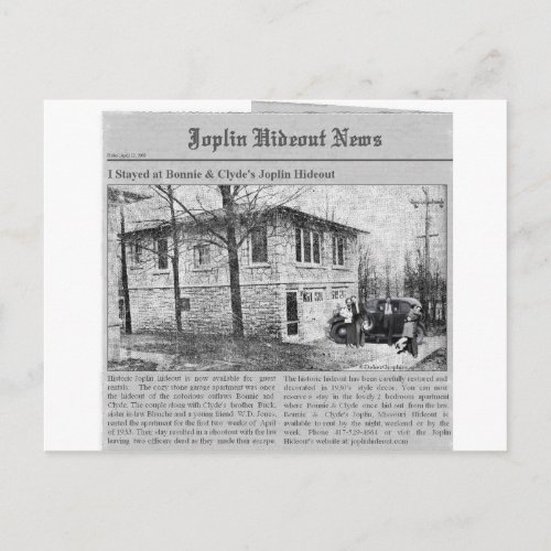 Bonnie  Clydes Joplin Hideout Postcard