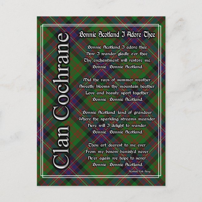Bonnie Scotland I Adore Thee Clan Cochrane Tartan Postcard (Front)