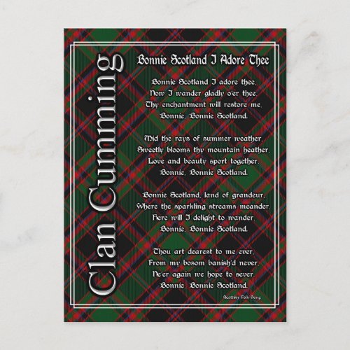 Bonnie Scotland I Adore Thee Clan Cumming Tartan Postcard