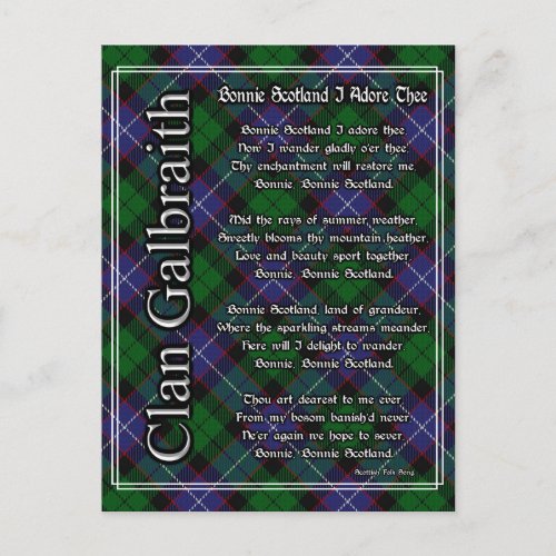 Bonnie Scotland I Adore Thee Clan Galbraith Tartan Postcard
