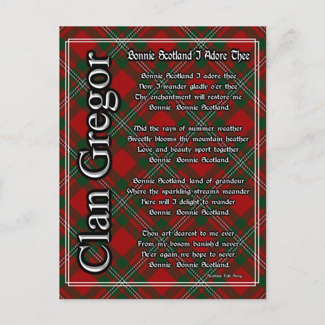 Bonnie Scotland I Adore Thee Clan Gregor Tartan Postcard (Front)