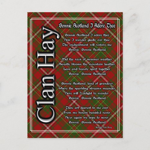 Bonnie Scotland I Adore Thee Clan Hay Tartan Postcard