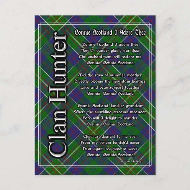 Bonnie Scotland I Adore Thee Clan Hunter Tartan Postcard (Front)