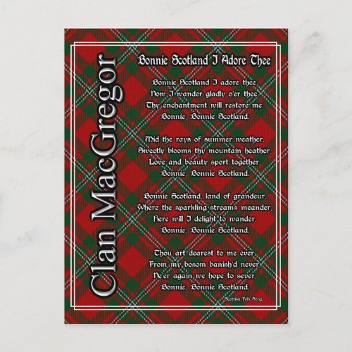 Bonnie Scotland I Adore Thee Clan MacGregor Tartan Postcard