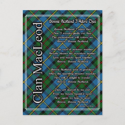 Bonnie Scotland I Adore Thee Clan MacLeod Tartan Postcard