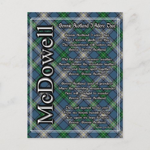 Bonnie Scotland I Adore Thee Clan McDowell Tartan Postcard