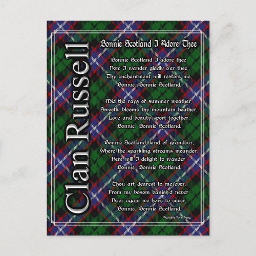 Bonnie Scotland I Adore Thee Clan Russell Tartan Postcard