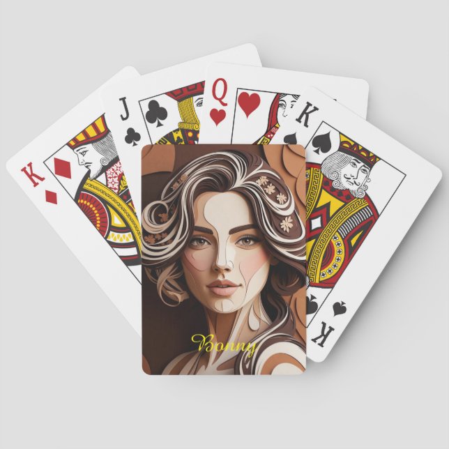 Bonny Paper-Cut Portrait in Warm Earth Tones Poker Cards (Back)