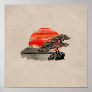 Japanese Art Board Painting Rising Sun Pine Tree Beach Paper Hand