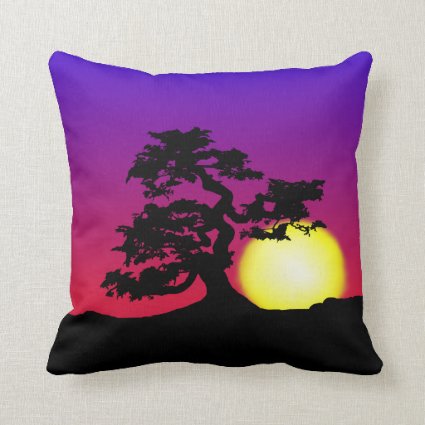 Bonsai Silhouette Sunset Throw Pillow