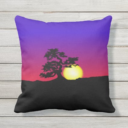 Bonsai Silhouette Sunset Throw Pillow