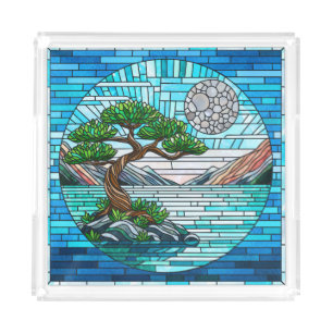 Bonsai Tree Full Moon Mosaic Art Acrylic Tray