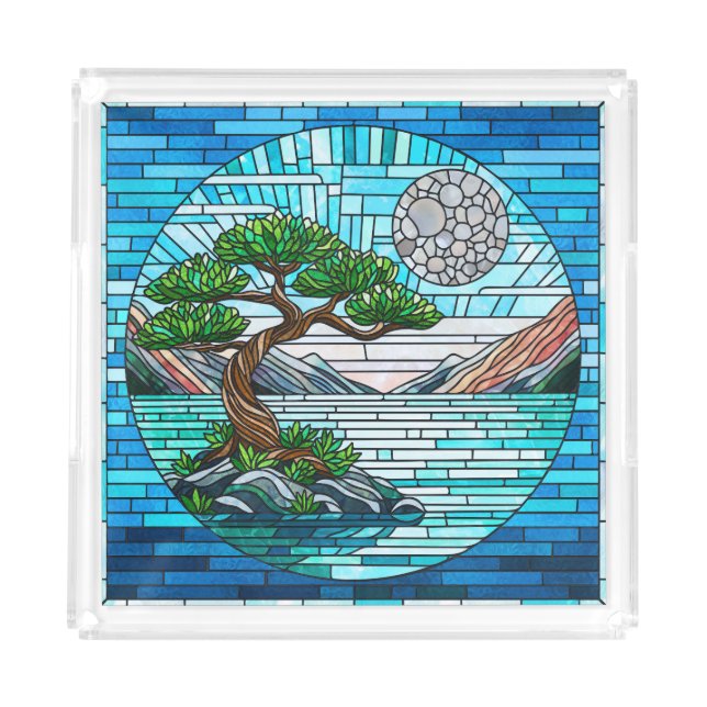Bonsai Tree Full Moon Mosaic Art Acrylic Tray (Front)