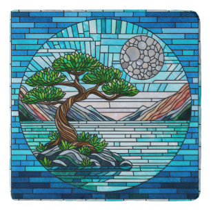Bonsai Tree Full Moon Mosaic Art Trivet