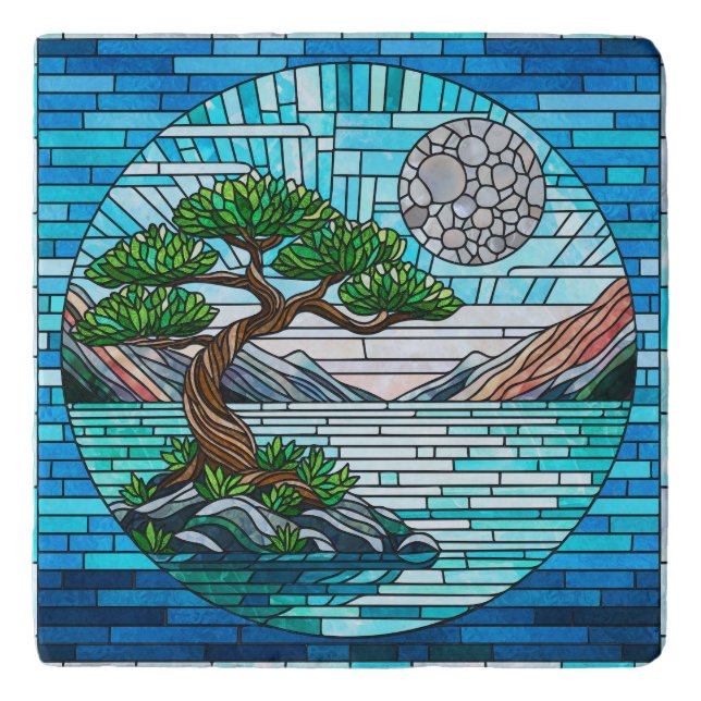 Bonsai Tree Full Moon Mosaic Art Trivet (Front)