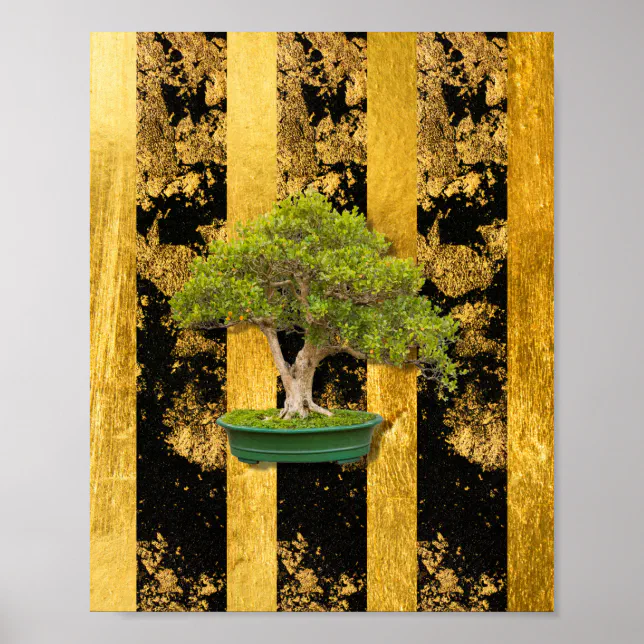Bonsai Tree Gold Black Wall Art Poster | Zazzle