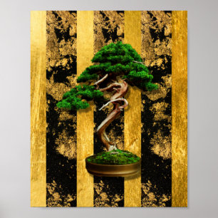 Bonsai Tree Green Gold Black Print