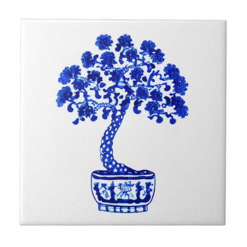 Bonsai Tree in Cobalt Blue and White Ceramic Tile