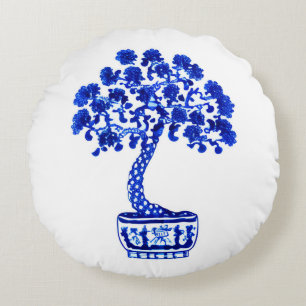Bonsai Tree in Cobalt Blue and White Round Pillow
