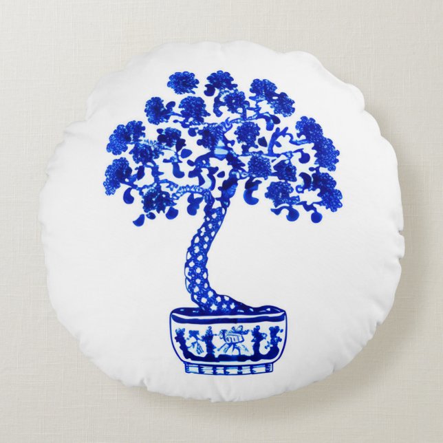 Bonsai Tree in Cobalt Blue and White Round Pillow (Front)