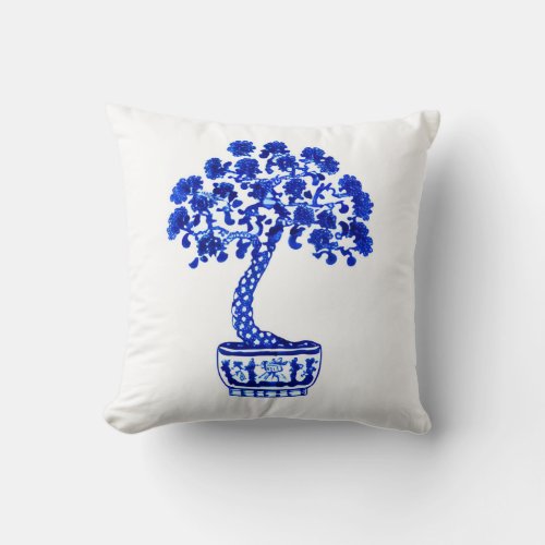 Bonsai Tree in Cobalt Blue and White Throw Pillow