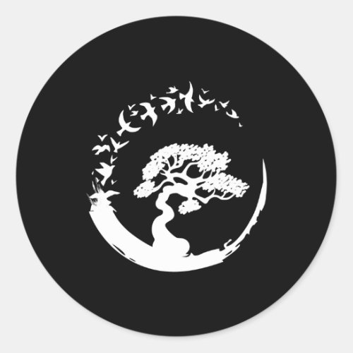 bonsai tree japanese enso circle birds long sleeve classic round sticker