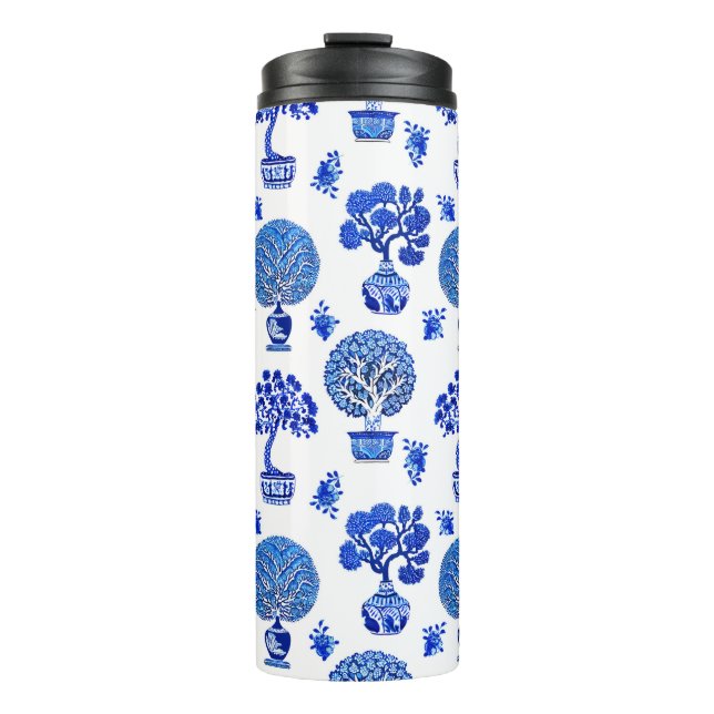 Bonsai Tree Pattern in Cobalt Blue and White Thermal Tumbler (Front)