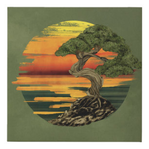 Bonsai Tree Sunset over sea Faux Canvas Print